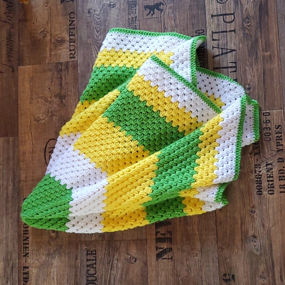 Handmade afghan, small, blanket, lap throw, white, yellow & green, crocheted